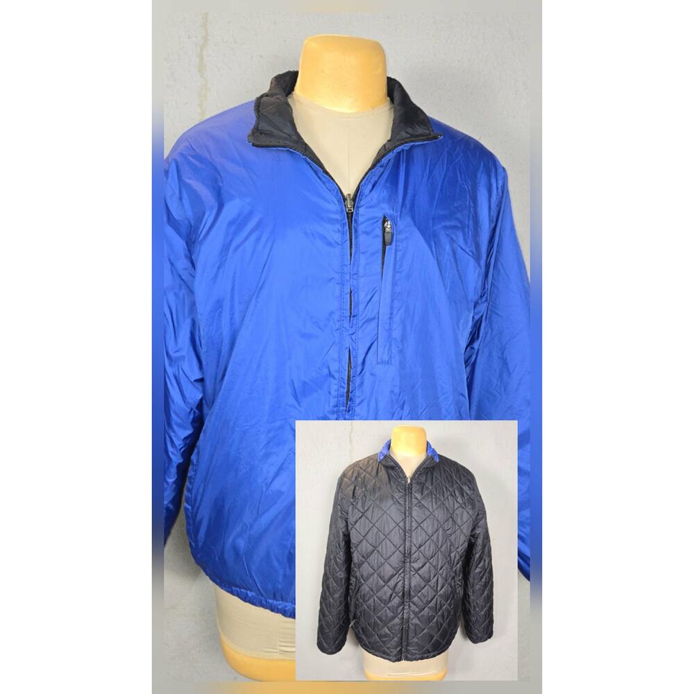 Lands End Reversible Jacket L 42-44 Blue Black Quilted Thermolite‎ Active Nylon